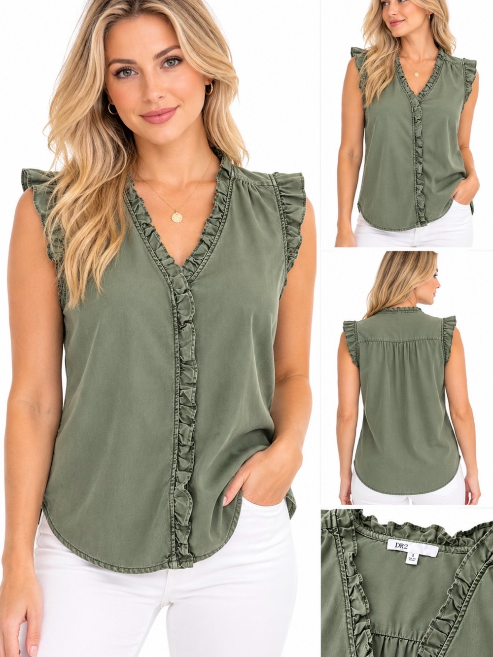 EUC DR2 Women’s Olive Green Ruffle Sleeveless Blouse Size Small 100% Cotton